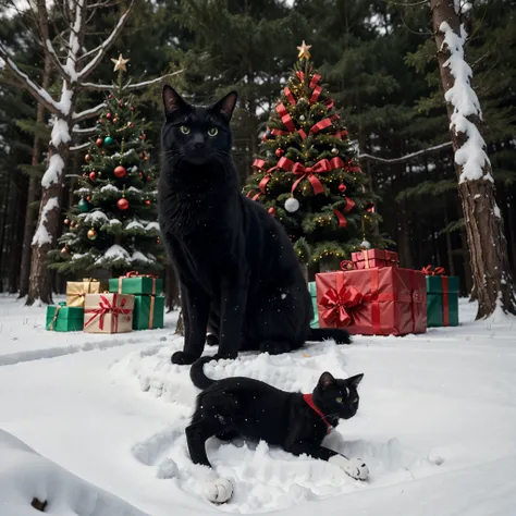 A huge, decorated Christmas tree in a snowy forest at night. Presents beneath. A shaggy black supernatural cat with glowing blue eyes.