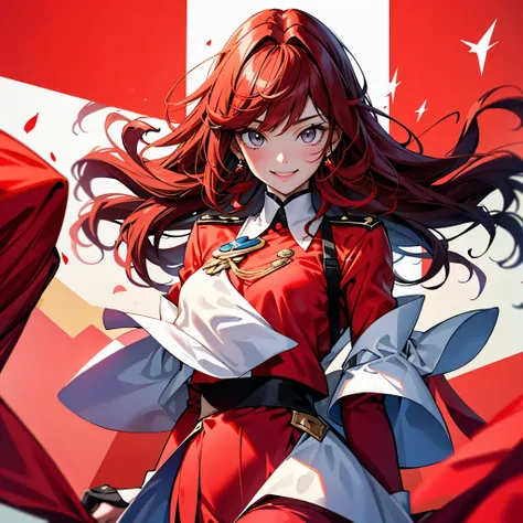 A smiling girl wearing a red uniform comes to an event to celebrate the New Year.、hair is long、is fluttering in the wind、Red team、the background is sparkling、Poster Color