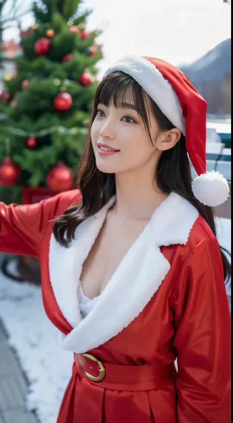 beautfull japanease woman，(red santa claus costume：1.5)，(christmas tree)，(christmas atmosphere)，black hair, surrealism, f/1.2, 3...