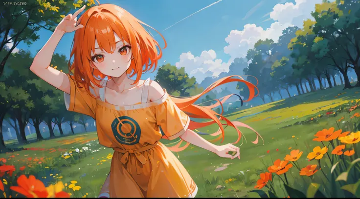 toma frontal muy cercana de una chica con cabello naranja, sonriendo en el campo por la noche, anime, estilo Studio Ghibli, 8k, high resolusion, camera movement to the right, cinemactic