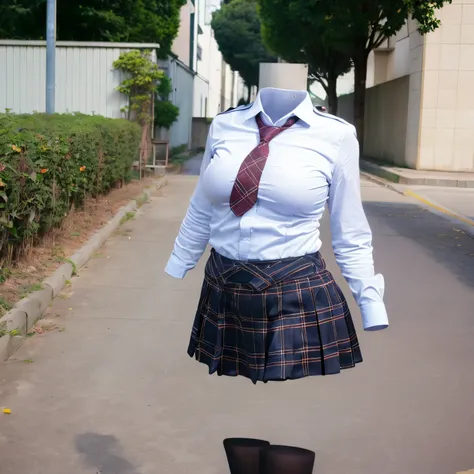 (Forward bend), chubby,fat, stripe school tie, school uniform, plaid skirt, (invisible, no humans, headless, faceless:1.2), cute big breasts, (8k, RAW photo, best quality, masterpiece:1.2), (realistic, photo-realistic:1.37), photon mapping, radiosity, ((Ha...