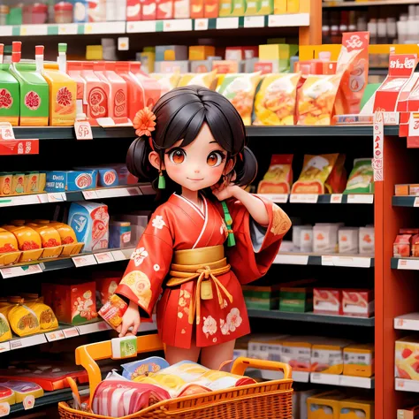 A girl wearing a shrine maiden costume is enjoying shopping at the supermarket.