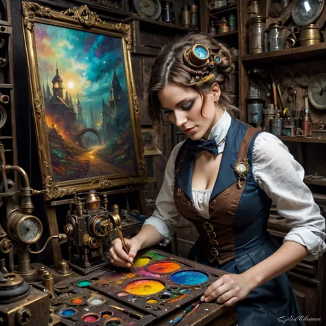 [Un artiste peintre dans la trentaine, Style steampunk, creating a masterpiece:1.2, utilisant outils de couleur, habits victoriens, Vibrant colors:1.1 et textures riches, entouré d&#39;une machine à vapeur autour de lui dans la piece, Jetant a lumière chal...