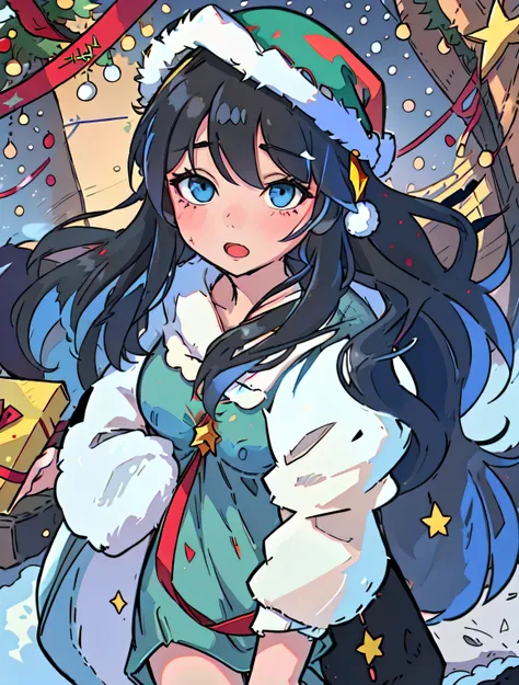 The focus is on a girl with medium-long black hair。
The center of the picture is in a place full of Christmas spirphasize the joy of girls at Christmas。The background presents a scene full of Christmas atmosphere，There is a gorgeously decorated Christmas t...