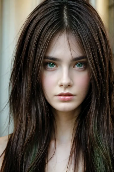 Beautiful brunette, serious face, green eyes, long hair, front face