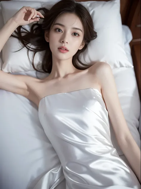 (Photorealistic),(Masterpiece),(ultra-detailed),a really close shot of very pretty tall idol girl lying on a bed but so busy that she had starved for a month so very close to fainting but somehow stays bright for her fans and has extremely thin feeble frag...