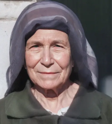 Mulher de 70 anos, with a gray and purple woolen scarf on her head, olhos negros, a green cardigan and a white blouse underneath, behind there is a white and green wall, Foto RAW, 8k UHD, DSLR, Ultra Qualidade, pele detalhada