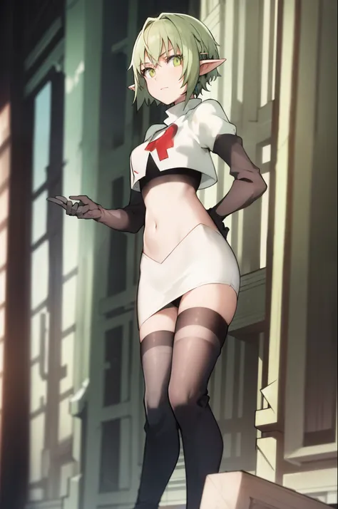 best quality, (masterpiece:1.2), detailed,
1girl, solo, pointy ears,
green hair, green eyes, short hair, short hair with long locks, 
team rocket,team rocket uniform, red letter R, white skirt,white crop top,black thigh-highs,black elbow gloves