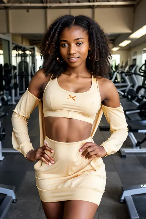 une jeune influenceuse africaine âgée de 18ans avec un teint caramel éclatant dans une robe sexy mettant en valeur ses rondeurs africaines un peu élancé et avec un visage dange , in gym, wearing gym clothing