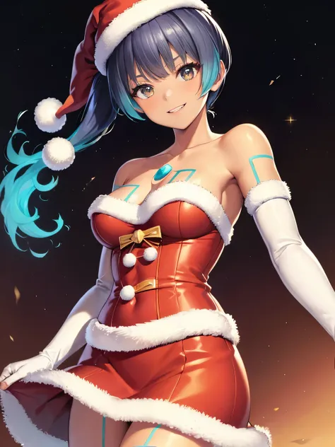 1girl, solo, masterpiece, best quality, high res, highly detailed, (illustration), beautiful detailed eyes,sena (xenoblade), glossy lips, makeup, smile, long white satin elbow gloves, cowboy shot, (santa), red santa dress, santa hat, strapless dress