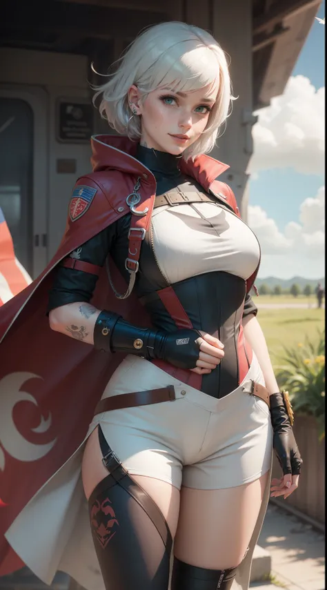 gwen tennyson,1girl,tracer,yorha 2b,yshtola rhul,jean gunnhildr,overwatch,genshin impact,close up,meadow valley,tattoos,red and white plugsuit,white short sleeve pilot top,steel embroidery knight jacket,tight lycra micro shorts,harness corset,short hair,pr...