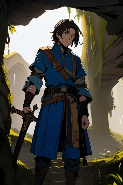 Masterpiece, best quality, medieval, fantasy, RPG, cave, labyrinth, dungeon, stone block wall, moss, man, long sword, two-handed sword, leather sandals, shirt with long sleeves, blue and white shirt, belt over the blouse, blue pants, dark hair,