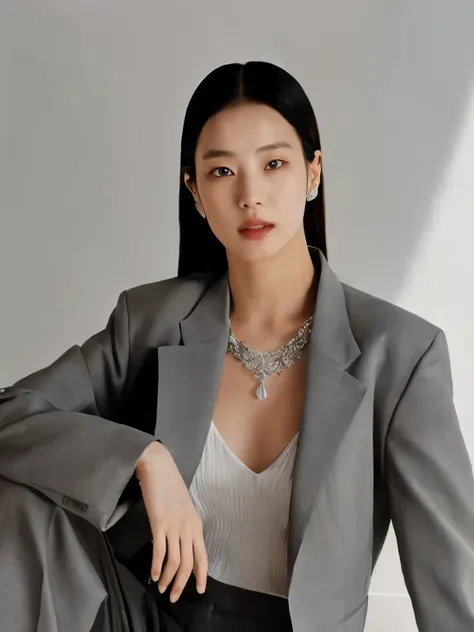 araffe woman in gray suit and white blouse sitting on white floor, Lee Ji - Eun, Lee Ji-eun, Heonhwa Choe, atriz da Coreia, Modelo de moda feminina coreana, TaeJune Kim, Parque Ji-min, Hwang SE - EM, Sangsoo Jeong, Kim Doyoung, kwak ji jovem, Jiyun Chae