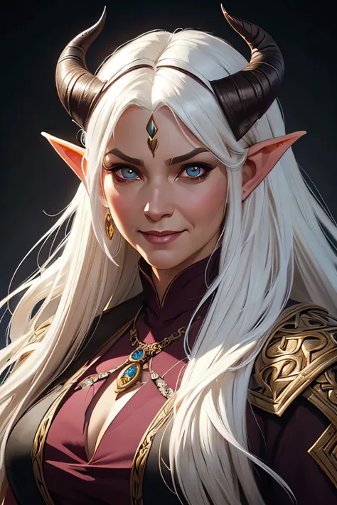 ultra realistic illustration, fantasy, dungeons & dragons, Middle aged woman, tiefling, horns, exotic white hair, monk, demon eyes, intricate, elegant, highly detailed, digital painting, artstation, concept art, sharp focus, illustration, art by artgerm an...