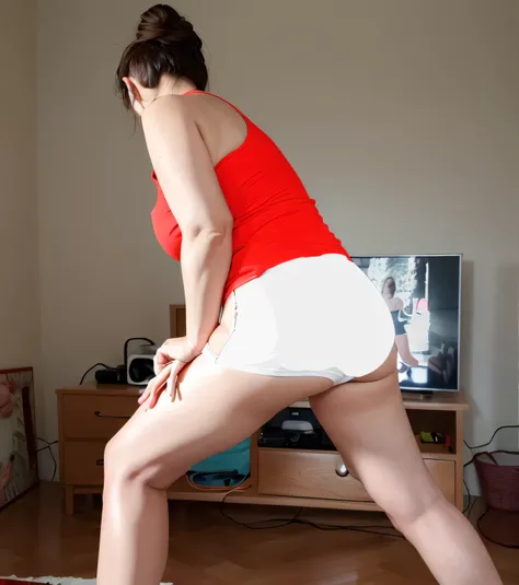 there is a woman in a red shirt and white shorts playing wii, pose lateral, vestindo shorts vermelhos, Tiro lateral, tiro na perna e no quadril, tiro longo de costas, Costas - Pneu, Bermuda, back pose, Retrato Lateral, lateralmente, 3/4 side view, picture ...