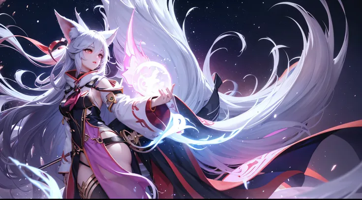 (extremely detailed CG unity 8k wallpaper), the most beautiful artwork in the world, ahri, ahri_(league_of_legends), 1girl, absurdres, animal_ears, black_hair, detached_sleeves, distr, facial_mark, fox_ears, fox_tail, hand_up, highres, league_of_legends, l...