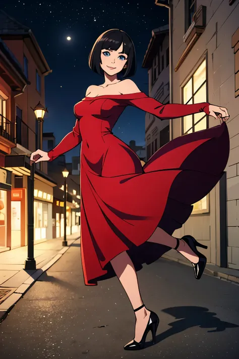 ((best quality)), ((masterpiece)), (detailed), perfect face, 1 girl, solo, teenager, black hair, bob cut, bob hair, blue eyes, smile, in a flamenco dress, off the shoulder dress, red dress, a longer body, teenager, bare shoulders, and being so beautiful, h...