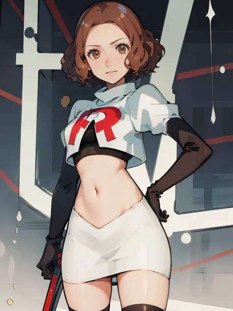 haru okumura, (brown eyes:1.5), brown hair, short hair, glossy lips, team rocket uniform, white jacket, white skirt, pencil skir...