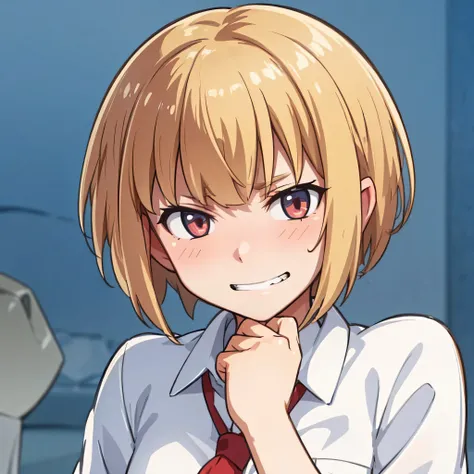 hiquality, tmasterpiece (One teenage girl, housemaid) hooligan. Blonde with short hair. grin of teeth. brown eye. hand with fist. clothing shirt and red tie.