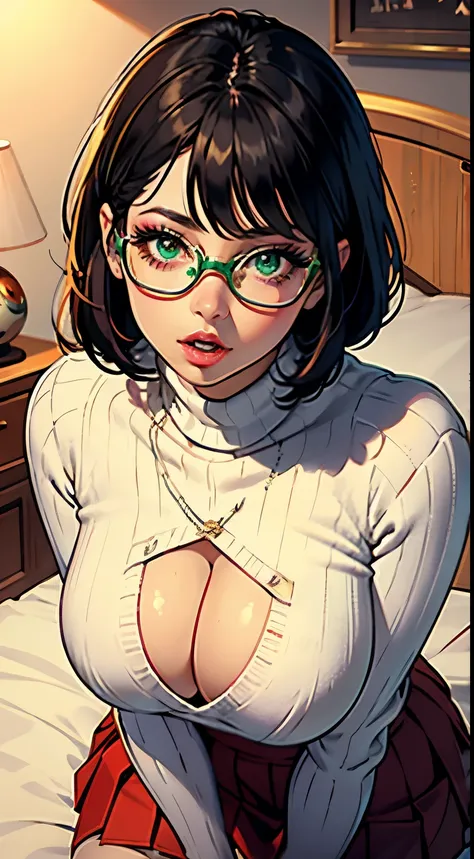 HD, 8k quality, masterpiece, Velma, dream girl huge tits, beautiful face, kissing lips, short bob hairstyle, long bangs, perfect makeup, realistic face, detailed eyes, green eyes, brunette hair, eyelashes, slightly open mouth, bedroom, lying on bed, showin...