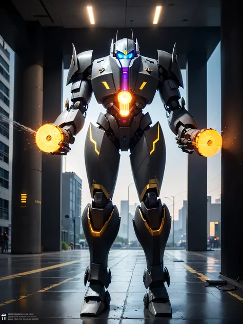 ((best quality: 1.5)) ((masterpiece: 0.8)), intricate details, sharp focus, professional, photorealistic, real life, ((((gigantic mecha titan, (cylinder arm weapon))))) bright glow, in the style of realistic and hyper detailed renderings, zbrush, hyper rea...