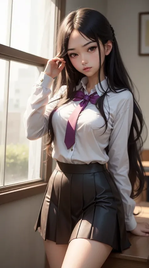 Anime Girl with long black hair and purple eyes in a school uniform, anime moe art style, beautiful anime high school girl, seductive Anime Girl, Anime Girl with long hair, attractive Anime Girl, marin kitagawa fanart, portrait Anime Girl, Anime Best Girl,...