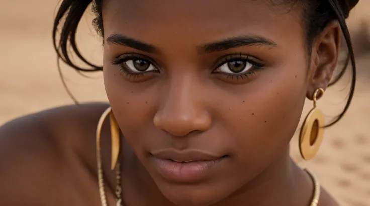 Ultra high definition realistic photo of a beautiful black woman, close up, desert background, 8k, ultra realistic, golden hour, photo of the year, amazing photography, best photo, best quality