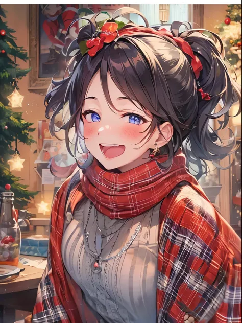 ​masterpiece、top-quality、looking at the viewers、tie long hair up、(hair wavy:0.7)、Colorful casual attire、A black-haired woman smiling happily with her mouth open，christmas image、santa clothes