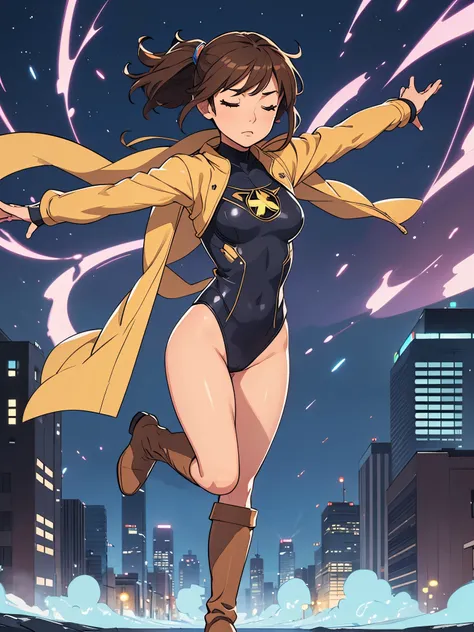 1girl, medium breasts, leotard, bare legs, tight belt, boots, matching boots, gloves, city backdrop, solo, single, outstretched arms, standing, full body shot, cowboy shot, superhero, beautiful detailed eyes, mature lady, star symbol on chest, brown hair, ...