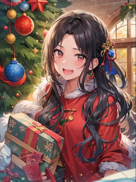 ​masterpiece、top-quality、looking at the viewers、tie long hair up、(hair wavy:0.7)、Colorful casual attire、A black-haired woman smiling happily with her mouth open，christmas image、santa clothes