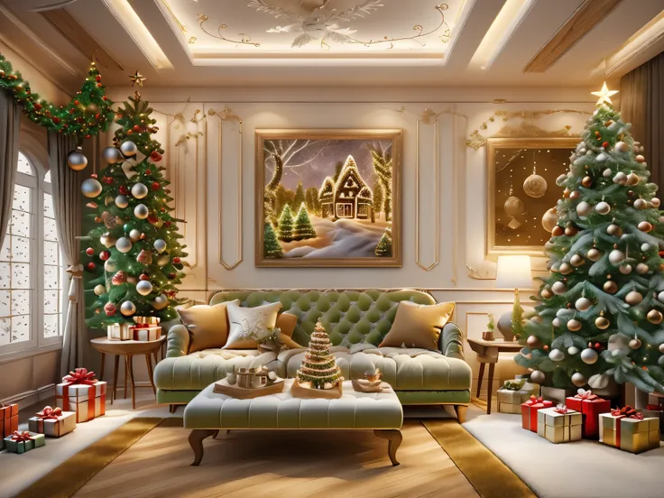 ultra real photo, tmasterpiece, Best quality, ultra - detailed, 超高分辨率, RAW photos,(Christmas living room),(圣诞豪华Decorative style),A fusion of gorgeous Christmas elements and symmetry,落地窗充满温暖的圣诞lamplight。Beautiful Christmas furniture is placed in the center,...