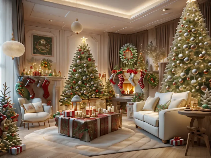 ultra real photo, tmasterpiece, Best quality, ultra - detailed, 超高分辨率, RAW photos,(Christmas living room),(圣诞豪华Decorative style),A fusion of gorgeous Christmas elements and symmetry,落地窗充满温暖的圣诞lamplight。Beautiful Christmas furniture is placed in the center,...