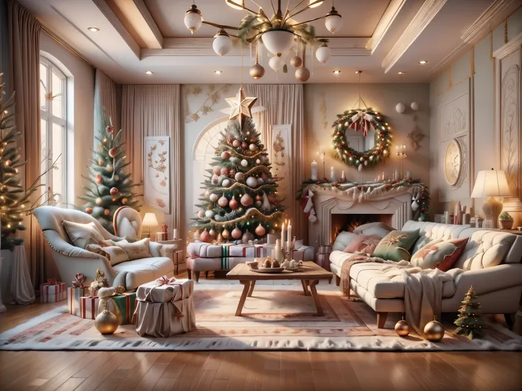 ultra real photo， tmasterpiece， best quality， ultra - detailed， 超高分辨率， raw photos，(christmas living room)，(圣诞豪华decorative style)...