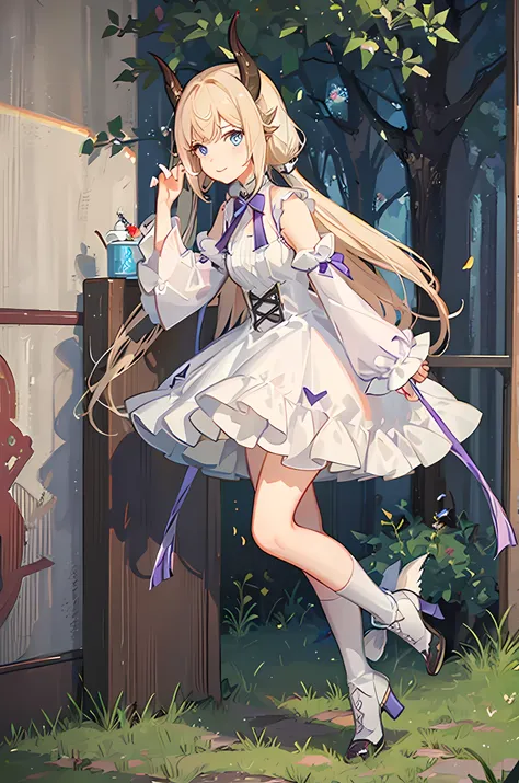 blonde hair in two low pigtails, light blue eyes, small goat horns, brown horns, small horns, wearing puffy sleeves dress, white and purple dress, white boots in heels, blonde hair