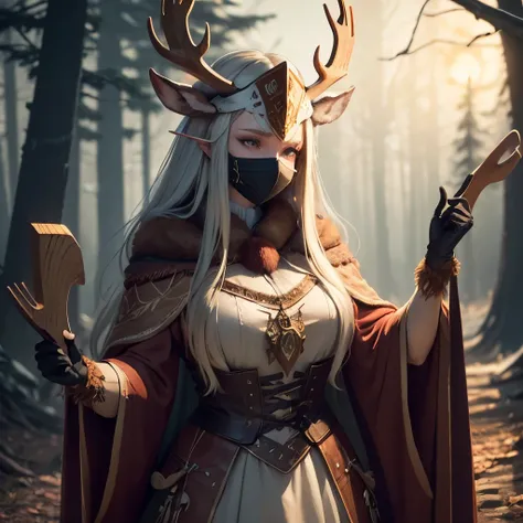 8k, masterpiece, best quality, realistic, higly detailed, cowboy shot, 1girl, solo, Zelinda, elf, 178cm tall woman, very plae skin, straight long silver-blonde hair with leafs and flowers decorating it, shiny light yellowish green eyes, wear a light white ...