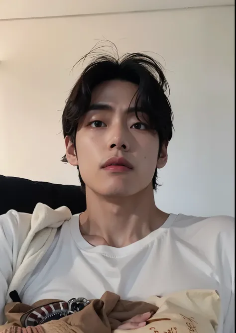 there's a man sitting on a couch in a white shirt, taken in the early 2020s, kim taehyung, kim taehyung , kim doyoung, foto de p...