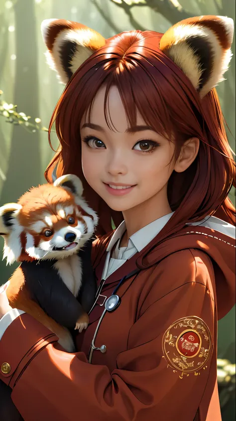 (Masterpiece, Best Quality, Very Detailed CG, Intricate Details: 1.2), 8k Wallpaper, Masterpiece, Best Quality, Award-Limited, High Quality, Super Detail, High Detail, Textured Skin, Cute, UHD, Anatomically Correct, Pixar Style, (A Cute Red Panda Wearing D...