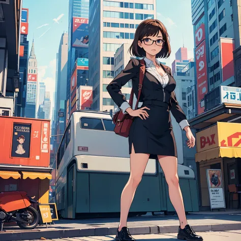 1girl, medium breasts, leotard, bare legs, shoes, matching shoes,  city backdrop, solo, single, standing, full body shot, cowboy shot, beautiful detailed eyes, mature lady, glasses, office lady, suit, pencil skirt, miniskirt