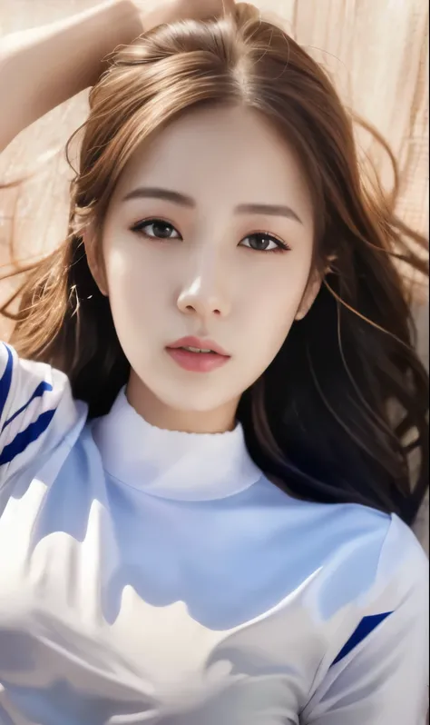 Close-up of a woman with long hair and blue shirt, Korean girls, Portrait of a Korean female idol, beautiful Korean women, Cute Korean face, 年轻Cute Korean face, gorgeous young korean woman, beautiful young korean woman, Popular Korean makeup, kawaii realis...