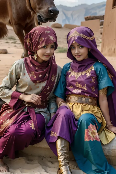 All faces and pictures must be different, two female oen soldiers with colorful robes, sitting,dynamic pose,big eyes,magical world,fantastic world