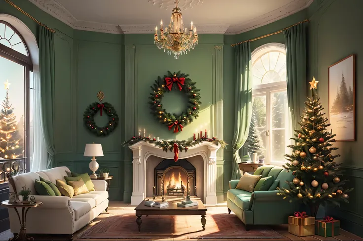 European-style living room, Interior design details, christmas, very green, The light of the moon