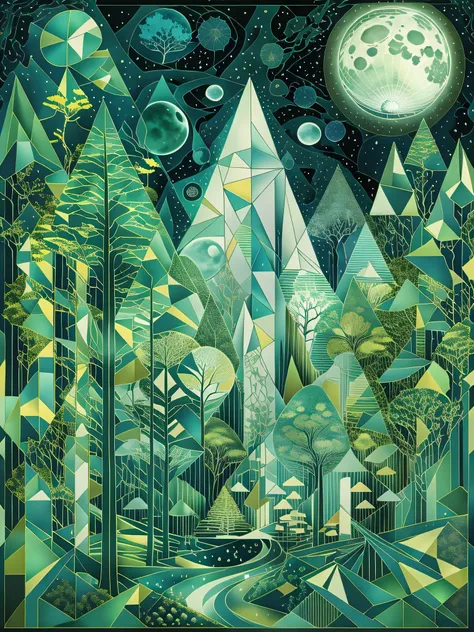 lunar glade envelops us in a magical moonlit forest scene constructed from fractured planes. shards of blue, green, and white ov...