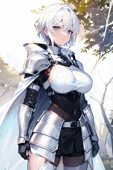 Anime - Stylish image of a woman in armor standing in the forest., armor girl, lady in White Armor, Female protagonist 👀 :8, White Armor, female white haired templar, Cuschart krenz key art ladies, White Armor, Female Knight, blood white armor, Female prot...