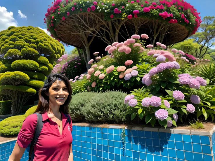 mulher de camisa vermelha em frente a uma parede de azulejos azuis, Arredores exuberantes, standing in a botanical garden, Flores no fundo, com flores, sunny morning light, mulher nas flores, imagem de perfil, belos arredores, exuberante florido ao ar livr...