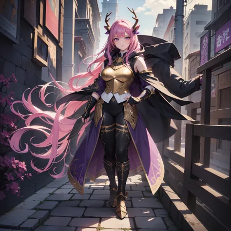 (Best quality), (masterpiece), (ultra detailed), (masterpiece), (ultra detailed), ((1female)), solo, Satyr, ((deer antlers)), beautiful, medium breast, black fur, dark theme, ((pink hair)), ((chestwear:(vest:purple))), (handwear:(fingerless_gloves))), bard...