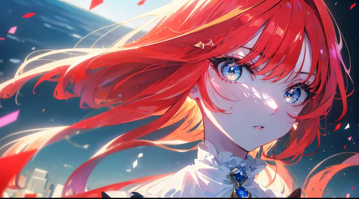 (arte de alta qualidade,anime,ultra-detalhado),(best quality,4k,8k,Altas,master part:1.2),beautiful detailed lips,olhos e rosto extremamente detalhados,red hair,olhos brilhantes, olhos azuis, (Detalhe Olhos:1.3), Standing,City scenery