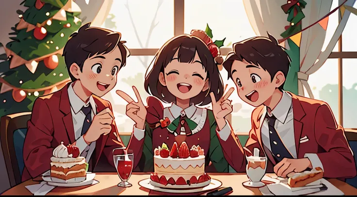 Christmas, party, Three Men, Strawberry cake, A delightful, happiness, a smile