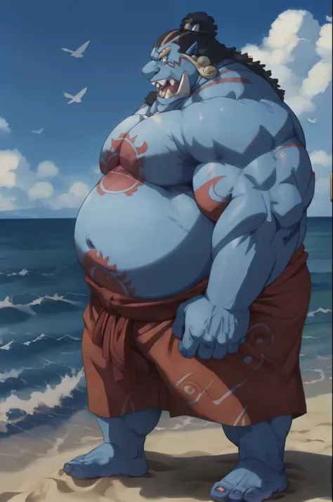 man (jinbei) standing in beach, fat and strong, pectoral