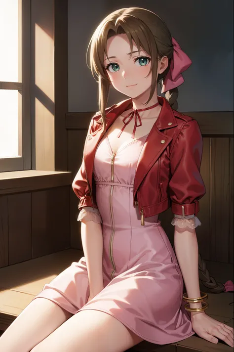 aerith gainsborough, braid, braided ponytail, (green eyes:1.5), hair ribbon, long hair, parted bangs, brown hair, sidelocks, (medium breasts),
BREAK bangle, bracelet, choker, cropped jacket, dress, jacket, jewelry, long dress, pink dress, pink ribbon, puff...