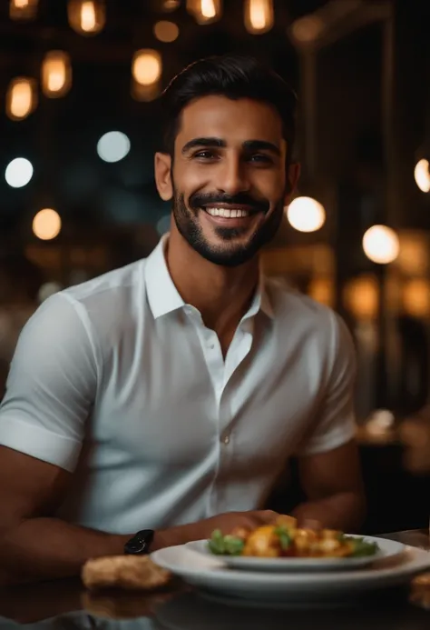 Describe an attractive man alone at a resturant in dubai. His face displays attractive features and a captivating smile. 8k, cinematic ilumination.